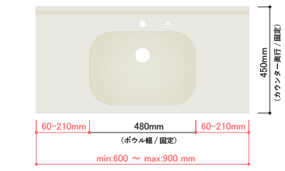 ボウル一体型人工大理石洗面カウンター「フレックスシンク/コンパクトタイプ」のオーダー対応サイズ